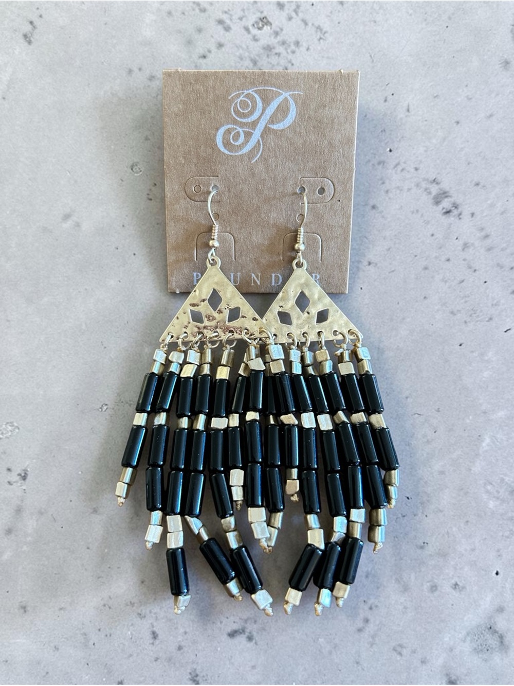 Plunder Black Beaded Boho Fringe Drop Earrings NWT